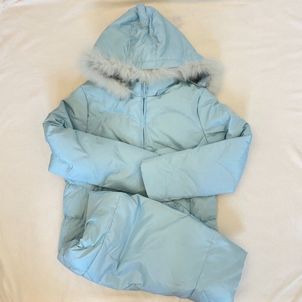 Sky Blue and White Long Down Puffer Jacket Youth L